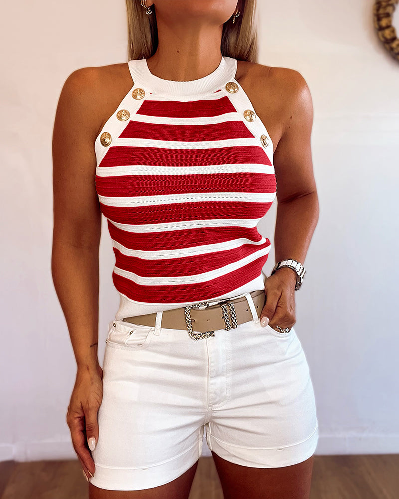 Nadet | Damen Tanktop ärmellos mit Neckholder, Streifen und goldenen Knöpfen