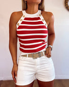 Nadet | Damen Tanktop ärmellos mit Neckholder, Streifen und goldenen Knöpfen