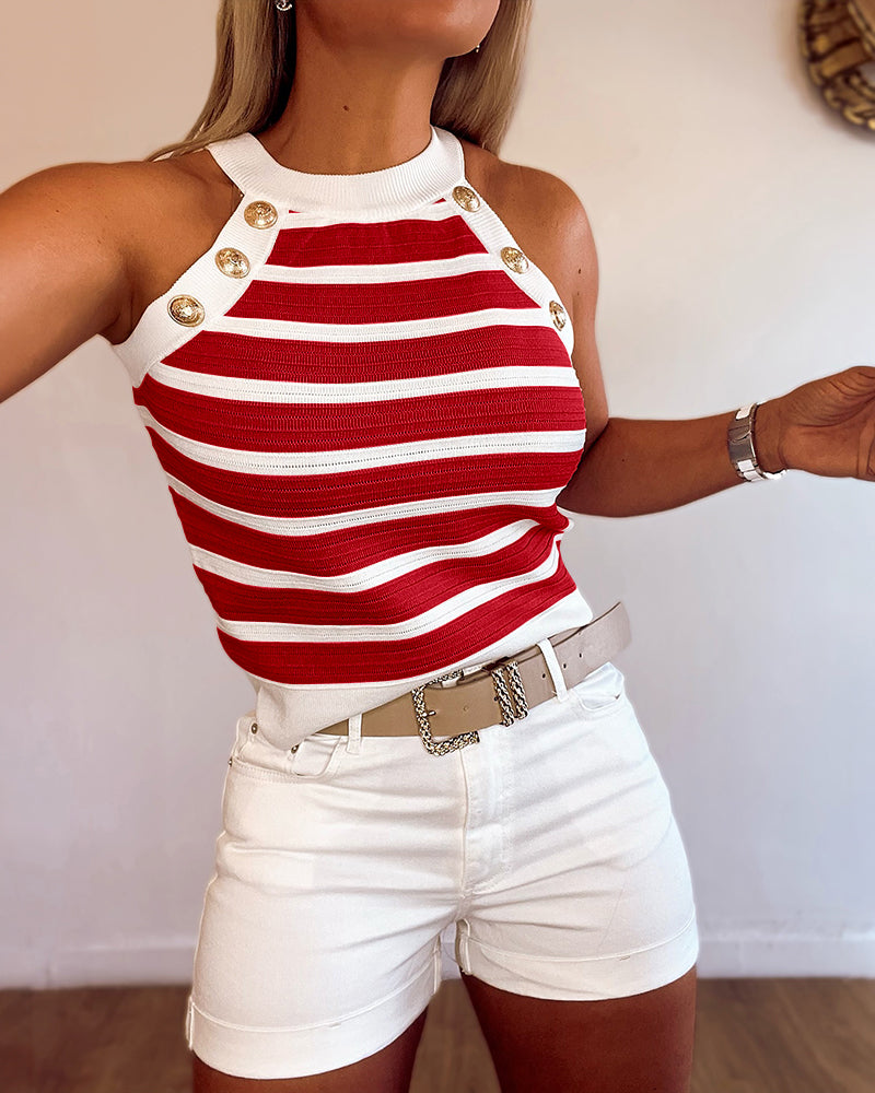 Nadet | Damen Tanktop ärmellos mit Neckholder, Streifen und goldenen Knöpfen