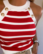 Nadet | Damen Tanktop ärmellos mit Neckholder, Streifen und goldenen Knöpfen