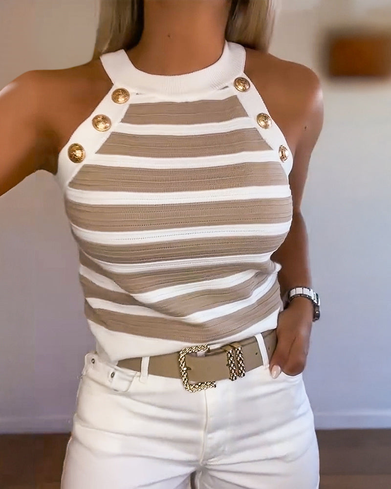 Nadet | Damen Tanktop ärmellos mit Neckholder, Streifen und goldenen Knöpfen