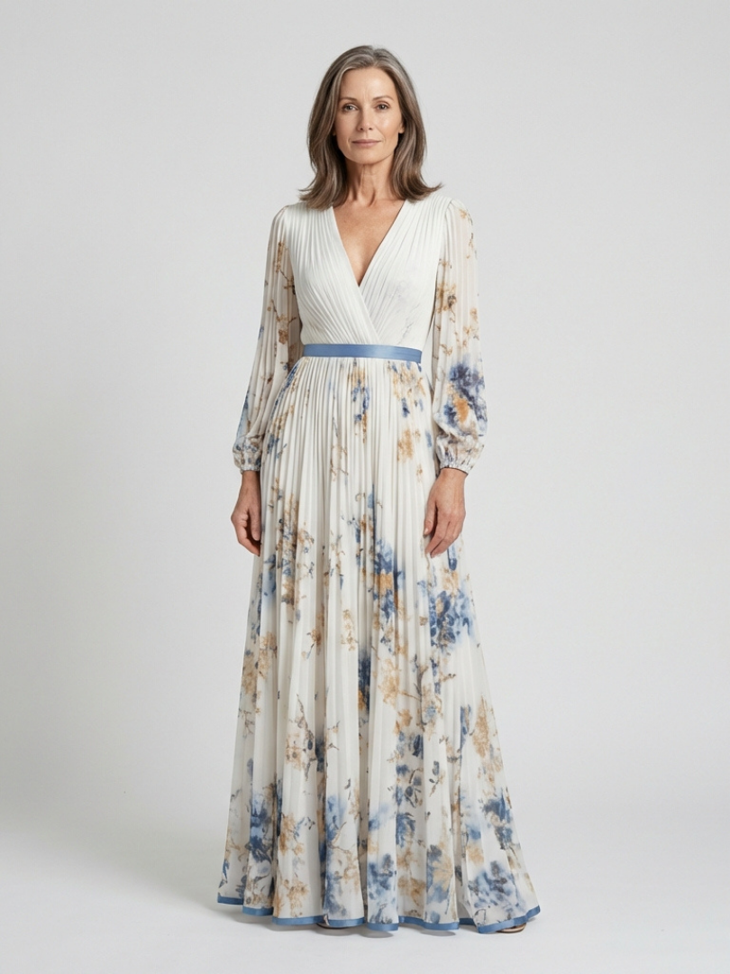 Maxikleid mit langen Ärmeln und V-Ausschnitt im Blumenmuster – Isabels Modehaus
