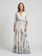 Maxikleid mit langen Ärmeln und V-Ausschnitt im Blumenmuster – Isabels Modehaus