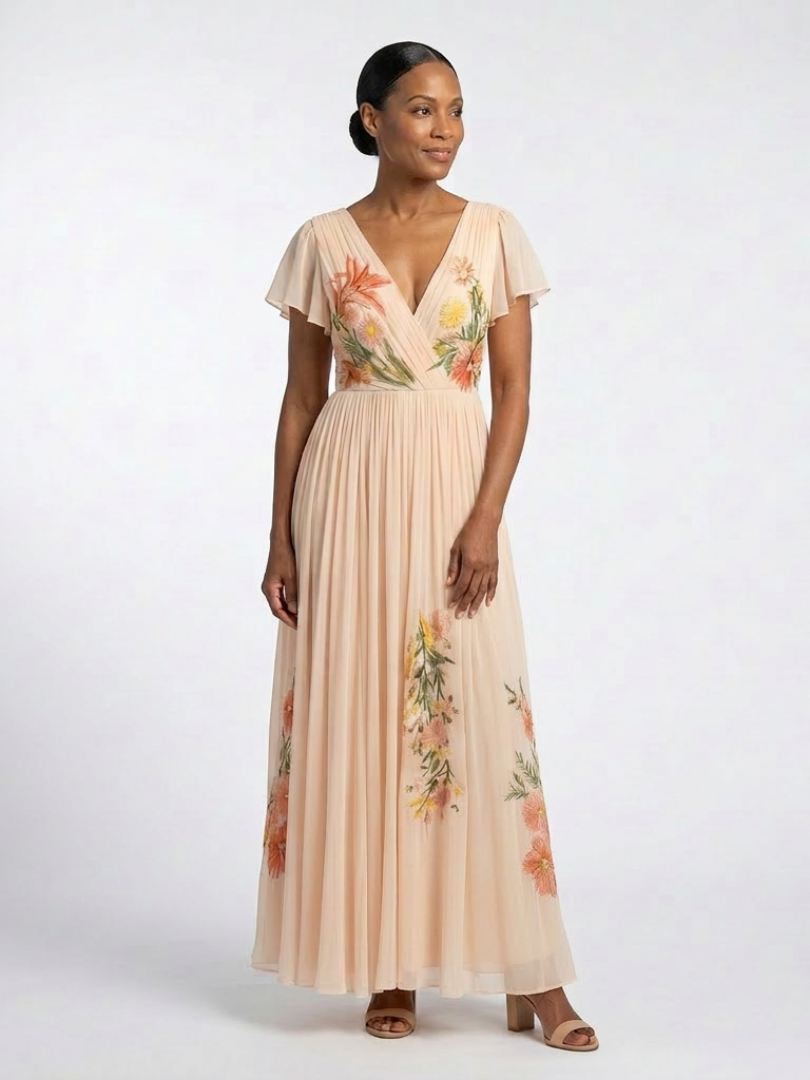 Calista | V-Ausschnitt Kurzarm Falten Maxi Kleid – Isabels Modehaus (Bild 2)