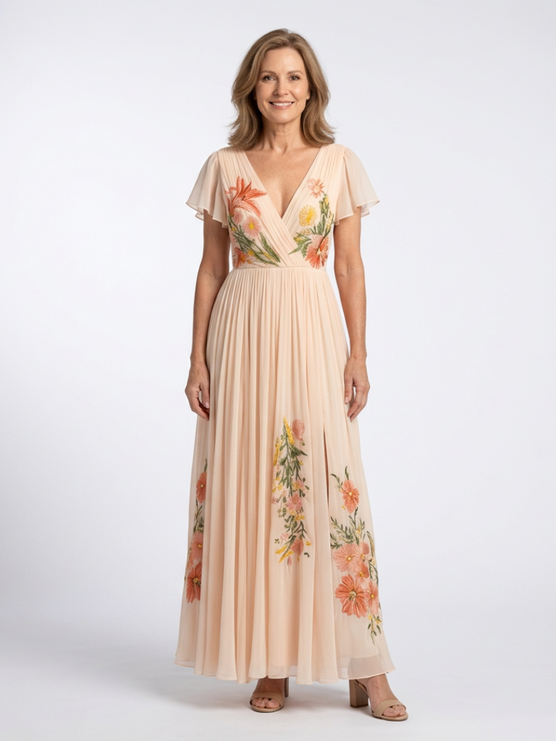Calista | V-Ausschnitt Kurzarm Falten Maxi Kleid – Isabels Modehaus